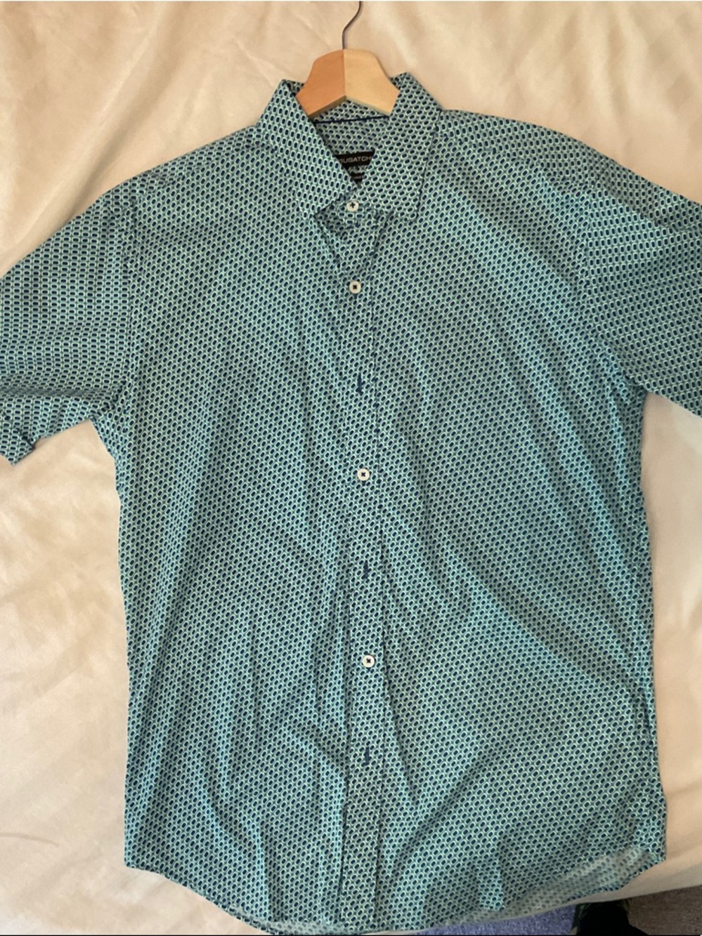 BUGATCHI Teal & Navy Geometric Button-Down short sleeve Shirt, cotton-spandex MD